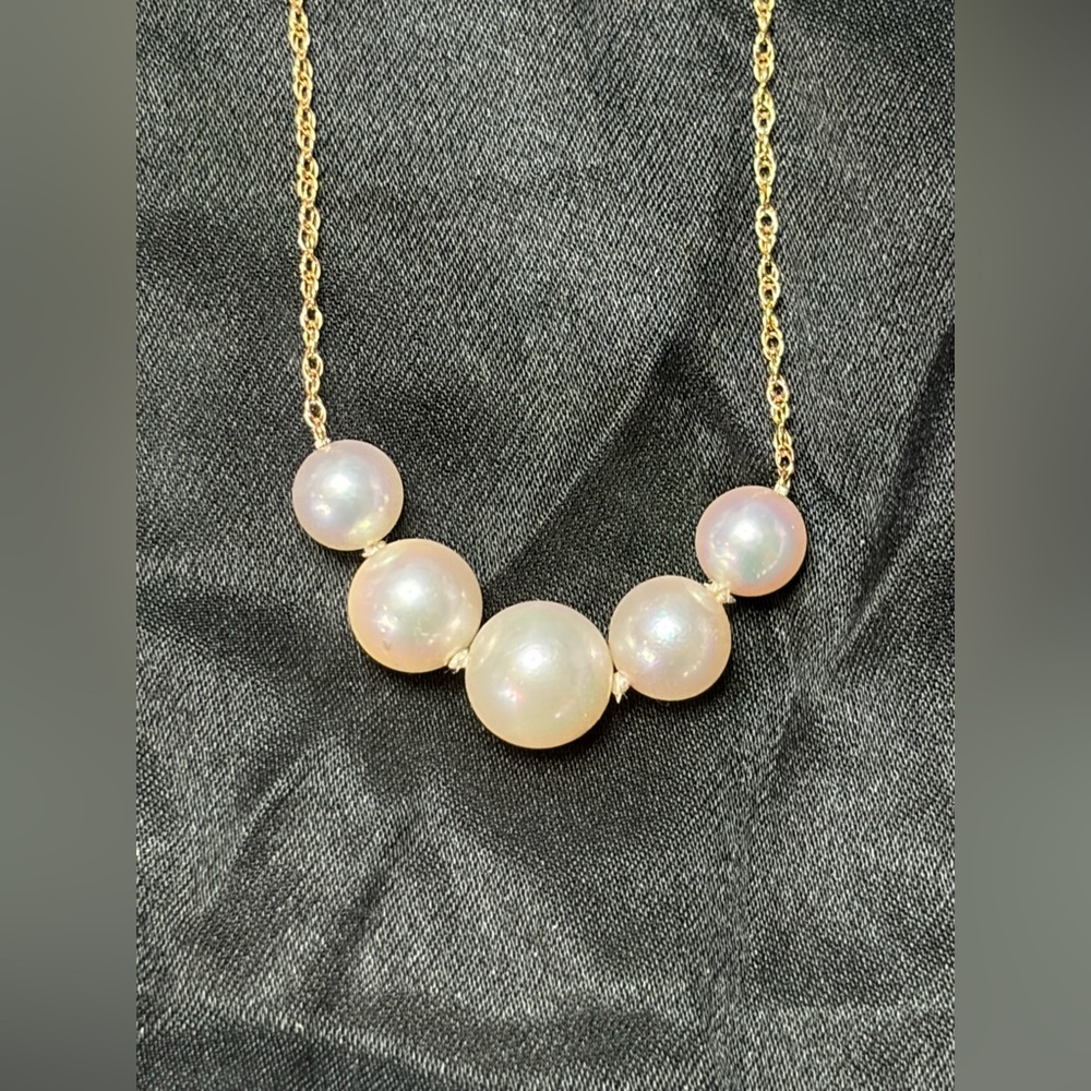 14k Yellow Gold Necklace With Five Genuine Pearls Delicate Dainty Chain Vintage